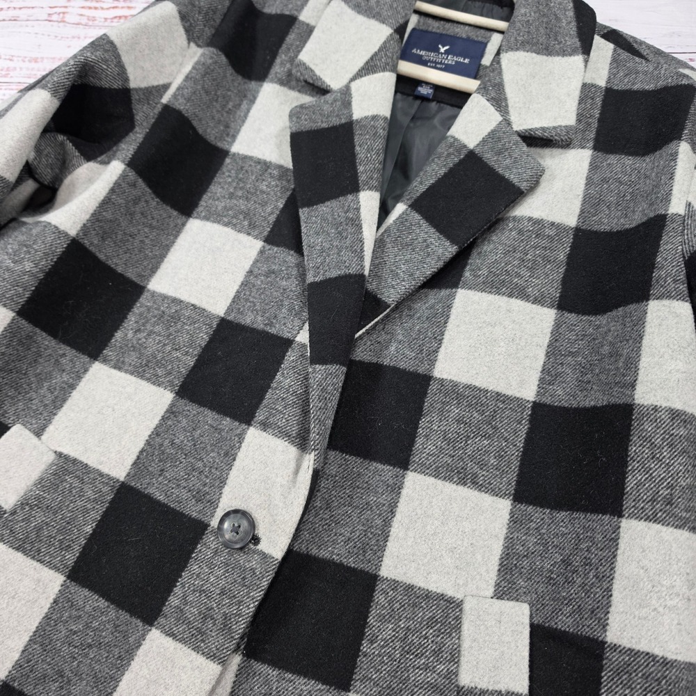 American Eagle Plaid Coat Womens XL Grey Black Excellent Wool Blend Longline